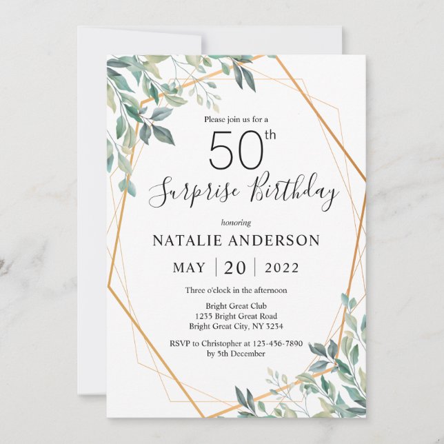 Surprise 50th Birthday Eucalyptus Greenery & Gold Invitation (Front)