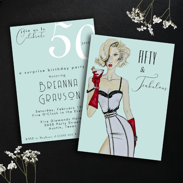 Surprise 50th Birthday Fifty and Fabulous Pin Up Invitation (Creator Uploaded)