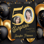 Surprise 50th birthday gold black photo invitation<br><div class="desc">Trendy bold typography 50th woman birthday surprise party invitation with 2 photos and modern retro style script. Easy to personalise with your text and pictures.     Digital download available, </div>