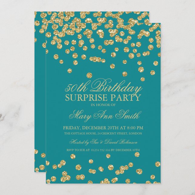 Surprise 50th Birthday Gold Glitter Confetti Teal Invitation (Front/Back)