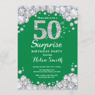 Surprise 50th Birthday Green and Silver Diamond Invitation