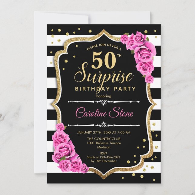 Surprise 50th Birthday Invitation Black White Pink (Front)