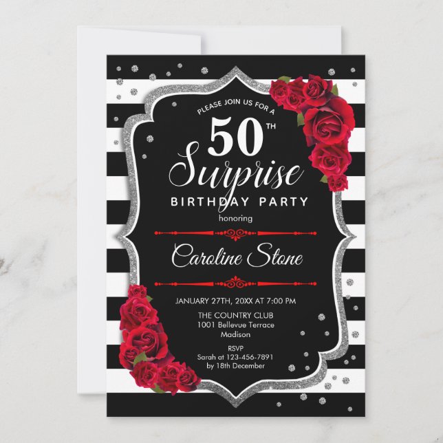 Surprise 50th Birthday Invitation Black White Red (Front)