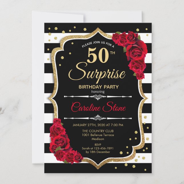 Surprise 50th Birthday Invitation Black White Red (Front)