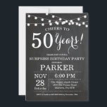 Surprise 50th Birthday Invitation Chalkboard<br><div class="desc">Surprise 50th Birthday Invitation Chalkboard Background with String Lights. Black and White. 13th 15th 16th 18th 20th 21st 30th 40th 50th 60th 70th 80th 90th 100th, Any age. Adult Birthday. Woman or Man Male Birthday Party. For further customisation, please click the "Customise it" button and use our design tool to...</div>