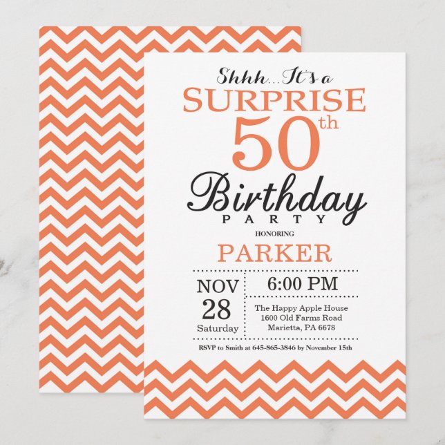 Surprise 50th Birthday Invitation Coral Chevron (Front/Back)