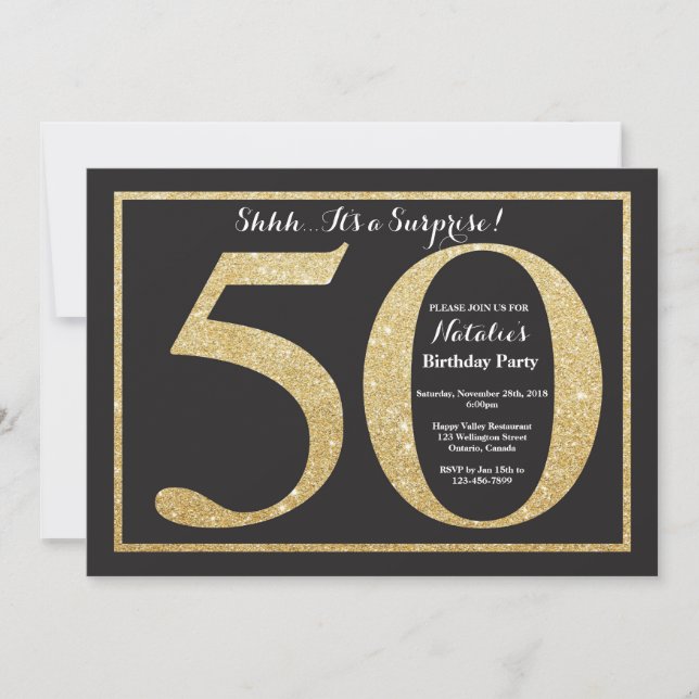 Surprise 50th Birthday Invitation Gold Glitter (Front)