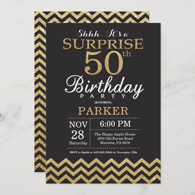 Surprise 50th Birthday Invitation Gold Glitter (Front/Back)