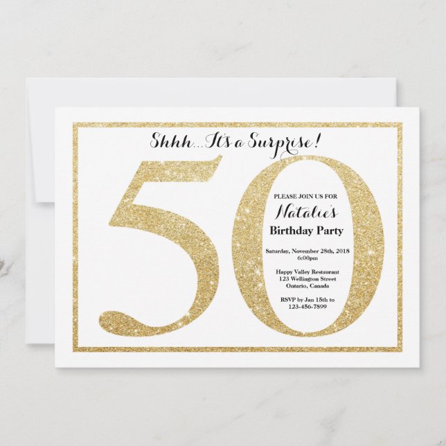 Surprise 50th Birthday Invitation Gold Glitter (Front)