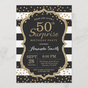 Surprise 50th Birthday Invitation. Gold Glitter Invitation