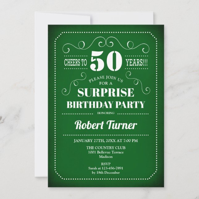 Surprise 50th Birthday Invitation - Green White (Front)