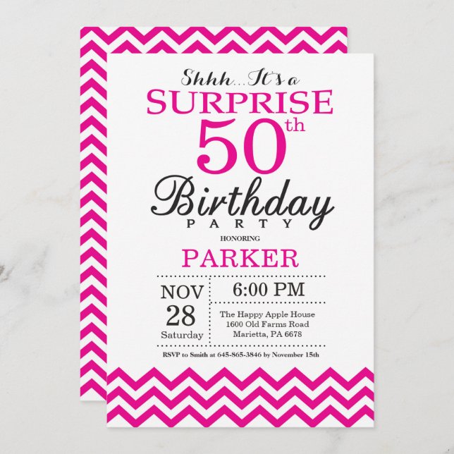 Surprise 50th Birthday Invitation Hot Pink Chevron (Front/Back)