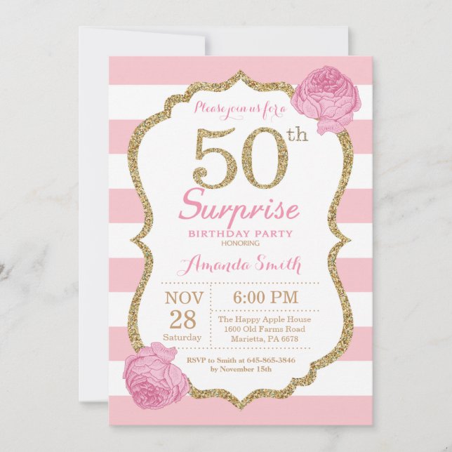 Surprise 50th Birthday Invitation Pink and Gold (Front)