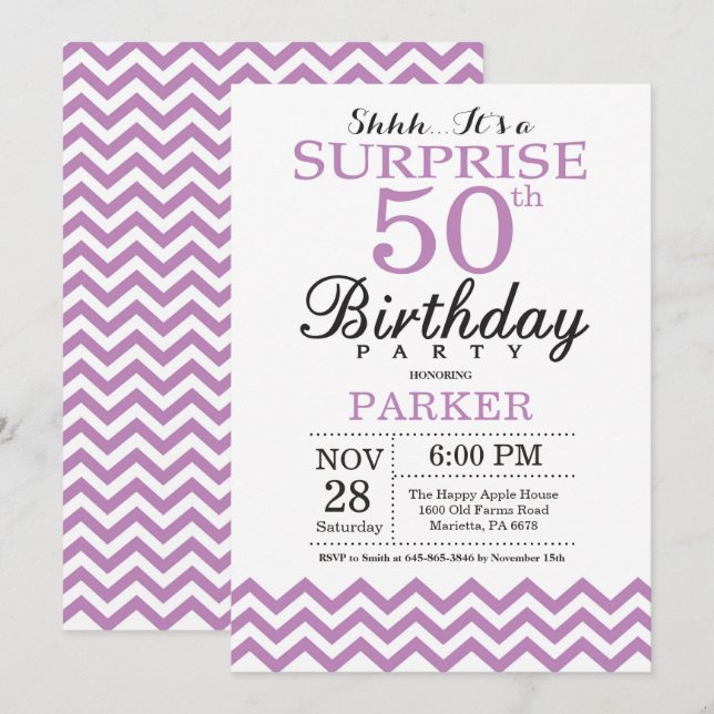 Surprise 50th Birthday Invitation Purple Chevron (Front/Back)