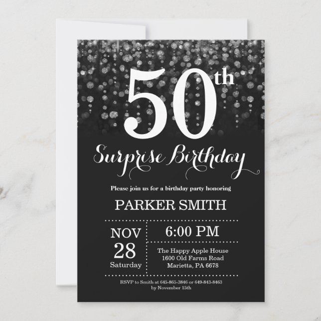 Surprise 50th Birthday Invitation Silver Glitter (Front)