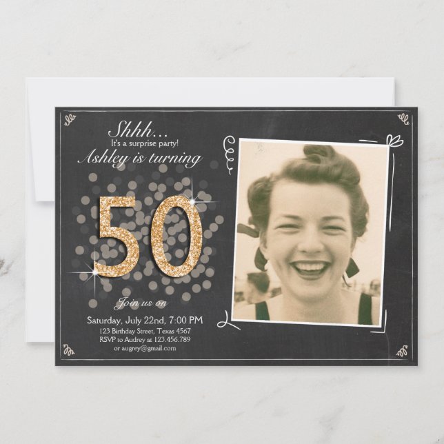 Surprise 50th birthday invite Chalkboard vintage (Front)