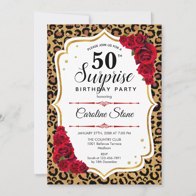 Surprise 50th Birthday - Leopard Gold White Red Invitation (Front)
