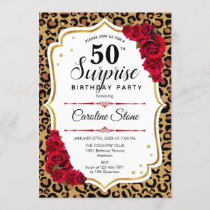 Surprise 50th Birthday - Leopard Gold White Red Invitation