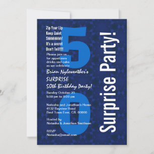 SURPRISE 50th Birthday Modern Blue and White D498 Invitation