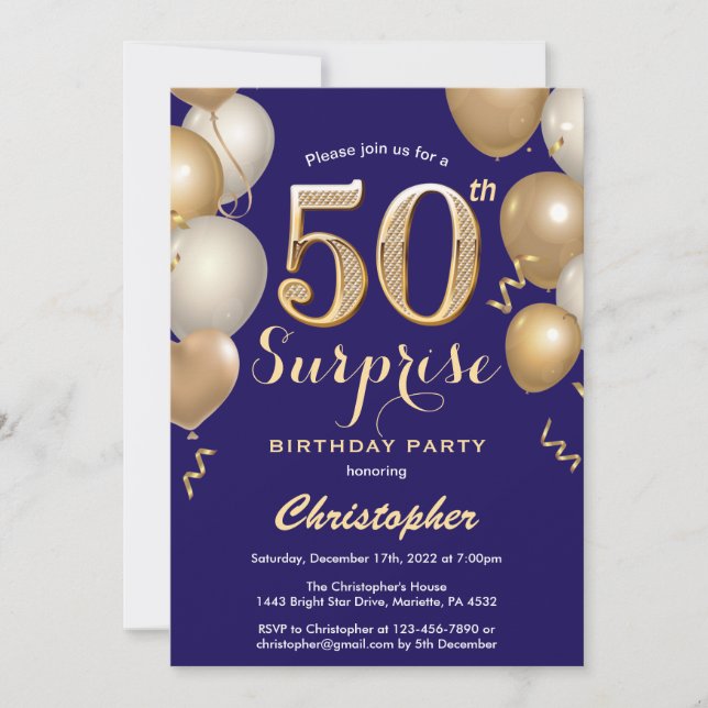 Surprise 50th Birthday Navy Blue and Gold Balloons Invitation (Front)