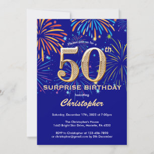 Surprise 50th Birthday Navy Blue & Gold Firework Invitation