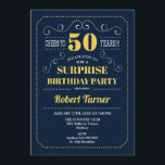 Surprise 50th Birthday - Navy Blue Gold Invitation<br><div class="desc">Surprise 50th Birthday Invitation.
Elegant retro navy blue and yellow gold design. Cheers to 50 years! Can be customized to show any age.</div>