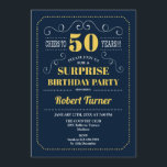 Surprise 50th Birthday - Navy Blue Gold Invitation<br><div class="desc">Surprise 50th Birthday Invitation.
Elegant retro navy blue and yellow gold design. Cheers to 50 years! Can be customized to show any age.</div>