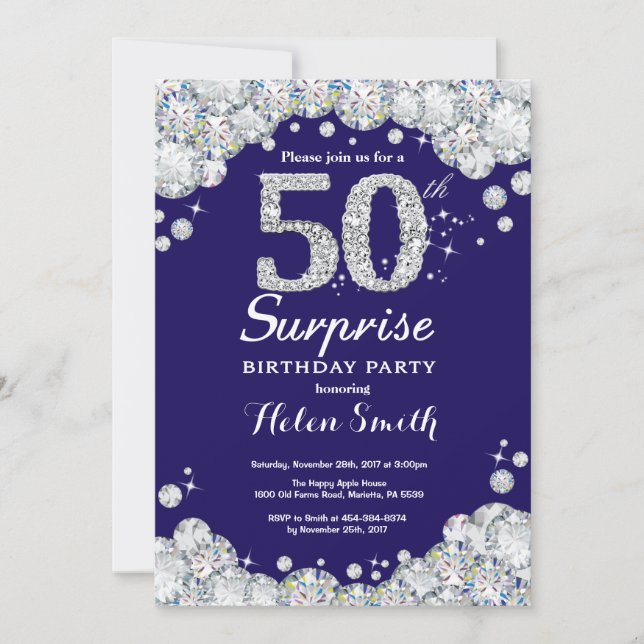 Surprise 50th Birthday Navy Blue Silver Diamond Invitation (Front)