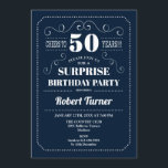 Surprise 50th Birthday - Navy Blue White Invitation<br><div class="desc">Surprise 50th Birthday Invitation.
Elegant retro navy blue and white design. Cheers to 50 years! Can be customized to show any age.</div>