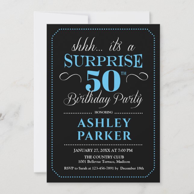 Surprise 50th Birthday Party - Black Blue Invitation (Front)
