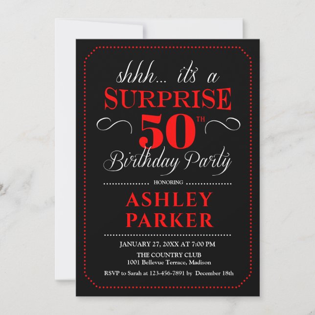 Surprise 50th Birthday Party - Black Red White Invitation (Front)