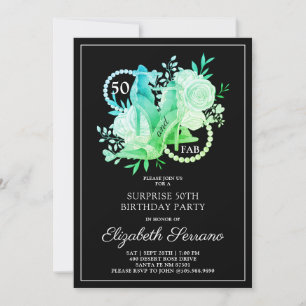 Surprise 50th Birthday Party Blue Green On Black Invitation