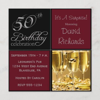 Surprise 50th Birthday Party Burgandy & Silver Invitation