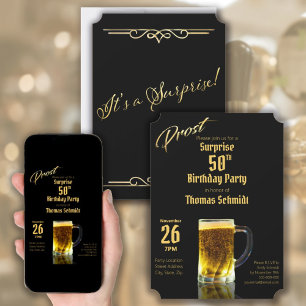 Surprise 50th Birthday Party Elegant Black & Gold  Invitation