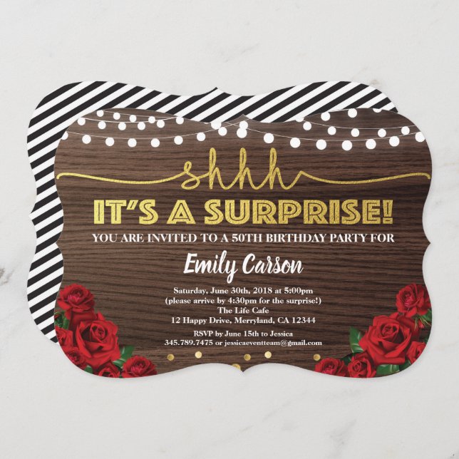 Surprise 50th birthday party gold and red invitation (Front/Back)