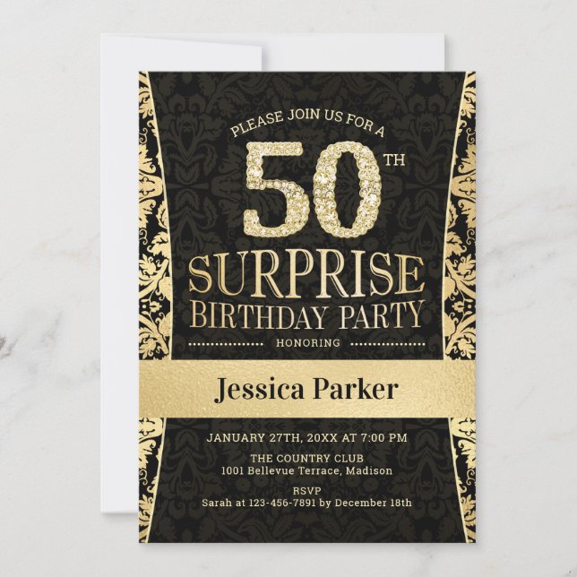 Surprise 50th Birthday Party - Gold Black Invitation (Front)