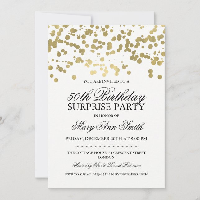 Surprise 50th Birthday Party Gold Foil Confetti Invitation (Front)