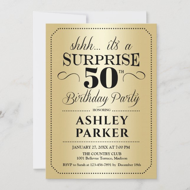Surprise 50th Birthday Party - Gold Invitation (Front)