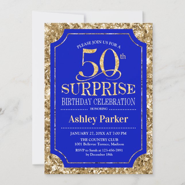Surprise 50th Birthday Party - Gold Royal Blue Invitation (Front)