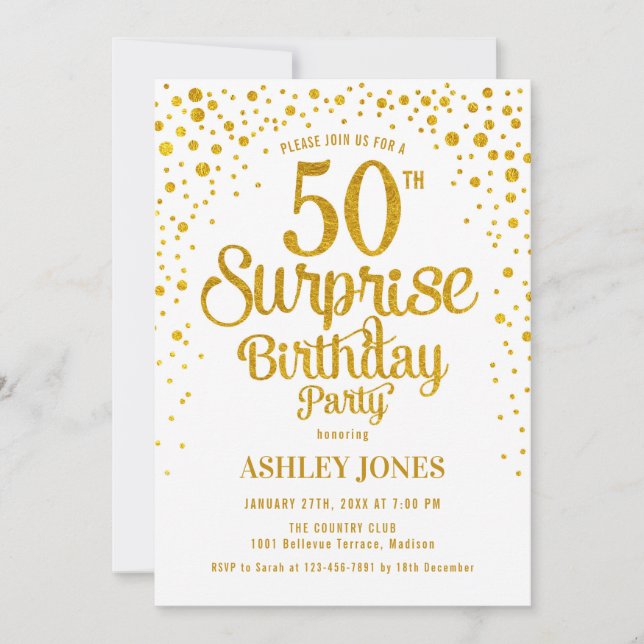Surprise 50th Birthday Party - Gold & White Invitation (Front)