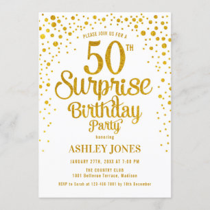 Surprise 50th Birthday Party - Gold & White Invitation