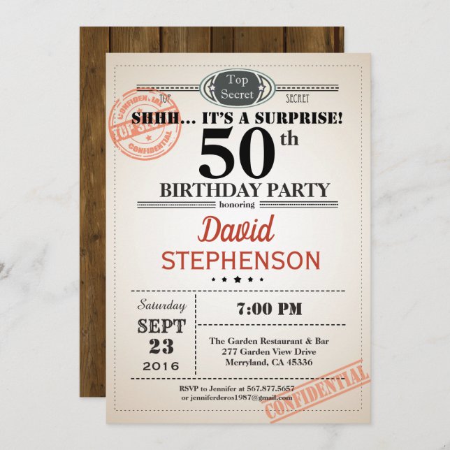Surprise 50th birthday party invitation for men (Front/Back)