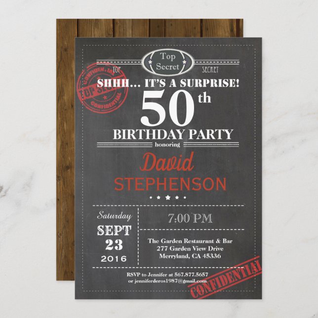 Surprise 50th birthday party invitation for men (Front/Back)