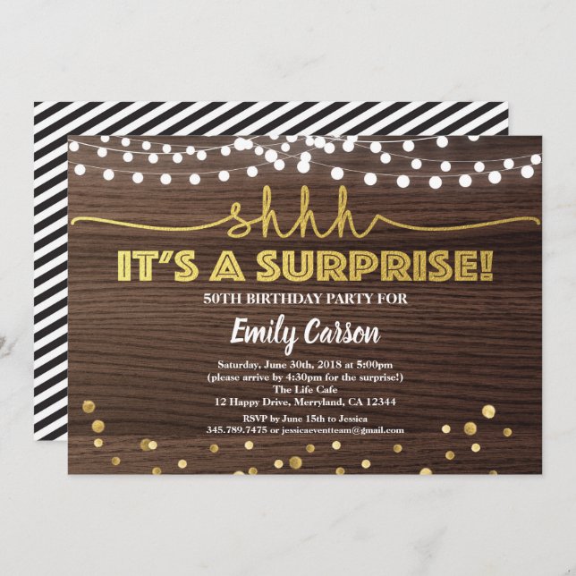 Surprise 50th birthday party invitation wood gold (Front/Back)