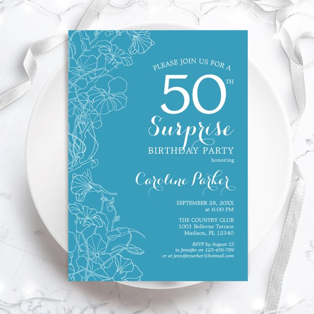 Surprise 50th Birthday Party - Light Blue Floral Invitation (Creator Uploaded)