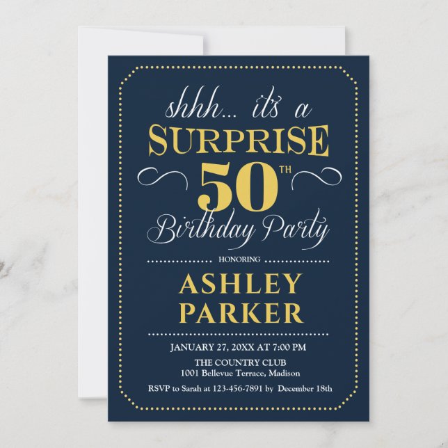 Surprise 50th Birthday Party - Navy Gold Invitation (Front)