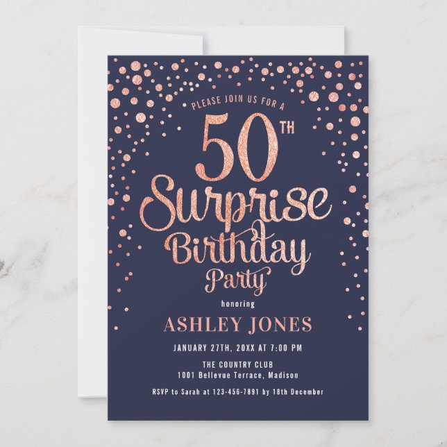 Surprise 50th Birthday Party - Navy & Rose Gold Invitation (Front)