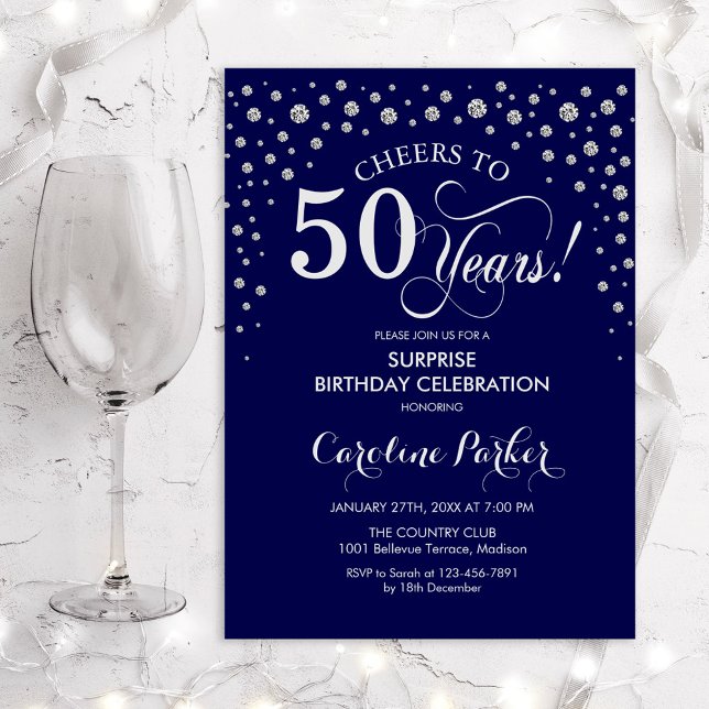 Surprise 50th Birthday Party - Navy Silver Invitation (Creator Uploaded)