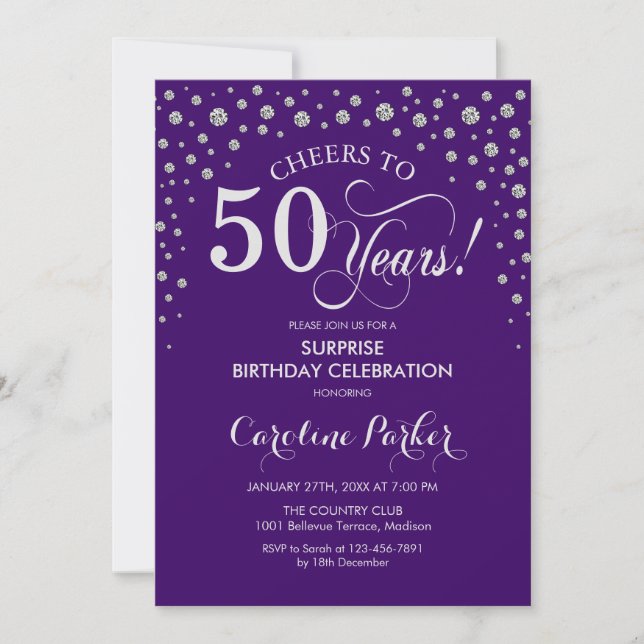 Surprise 50th Birthday Party - Purple Silver Invitation (Front)