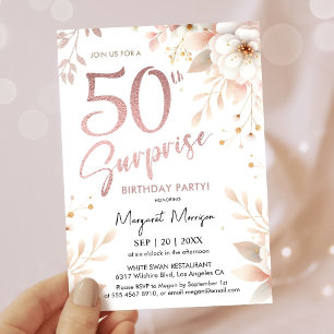 Surprise 50th Birthday Party Rose Gold Girl Floral Invitation
